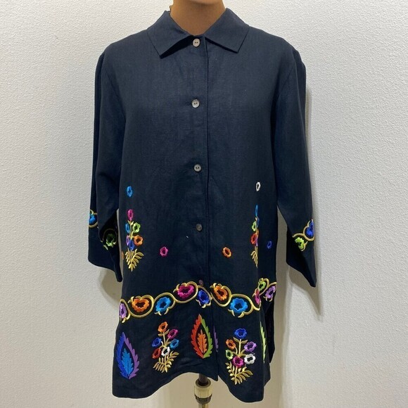 Linea Louis Dell'Olio Button Shirt Blouse Size Small Linen Blend Black Embroider - Picture 1 of 9